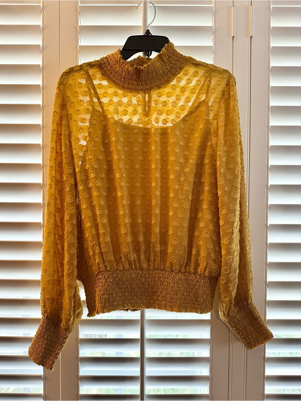 Solitaire Golden Yellow Clip Dot-Textured Sheer Blouse L